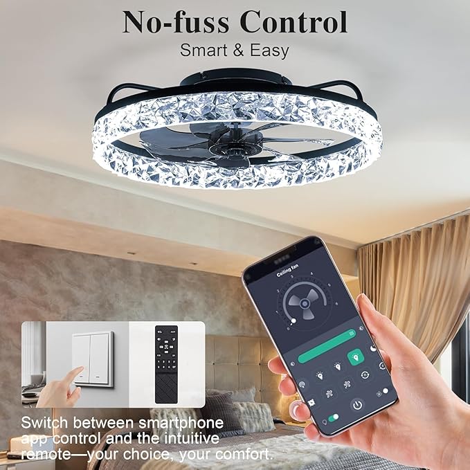 Ceiling Fans with Remote and Lights Fandelier - Modern Low Profile - 20'' Flush Mount Ceiling Fans for Bedroom,6 Speeds and Stepless Color Temperature- Crystal and Black