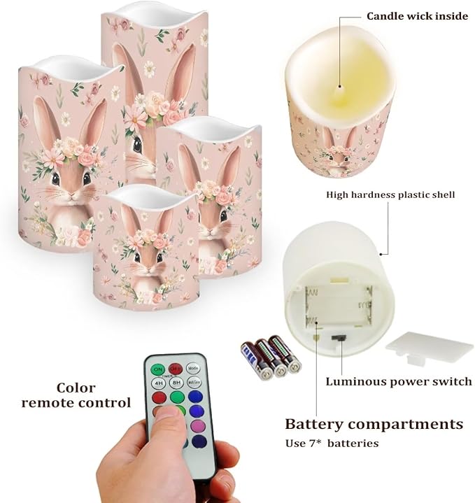 Cute Bunny Pink Floral Plastic Flameless Candles with Remote Control and Timer LED Flickering Battery Operated Color Changing Electric Pillar Candles Easter Decoration