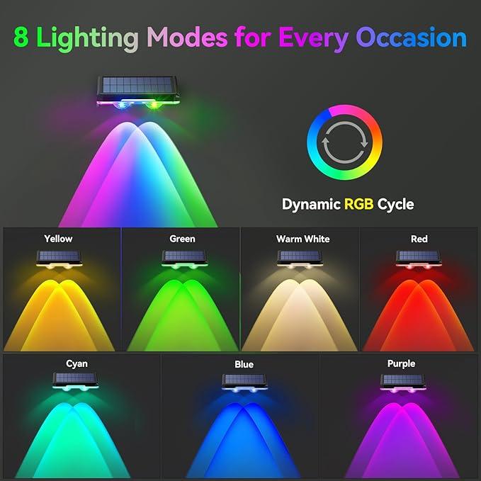 TECKNET Solar Fence Lights Outdoor 12 Pack, Warm White & 6 Colors & RGB, IP66 Waterproof LED Deck Light, Dusk to Dawn Fence Lights Solar for Wall, Railing, Step, Patio, Pool, Backyard, Outside