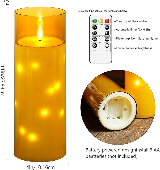 11" x 4" Large Outdoor Waterproof Flameless LED Candles with Remote and Timer,Acrylic Pillar Candles Battery Operated with Embedded Star String for Porch,Patio,Outdoor Decor,Set of 2(Gold)