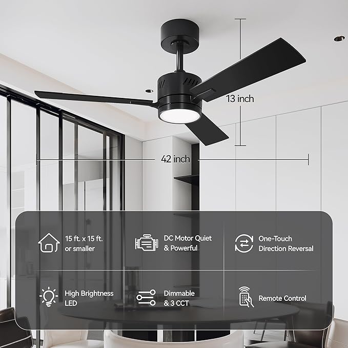 SUNMORY Ceiling Fans with Lights and Remote, 42 Inch Low Profile Ceiling Fan with Light, Reversible DC Motor, Dimmable LED, 3CCT, Quiet, Modern Ceiling Fan for Bedroom/Living Room/Patios, Black