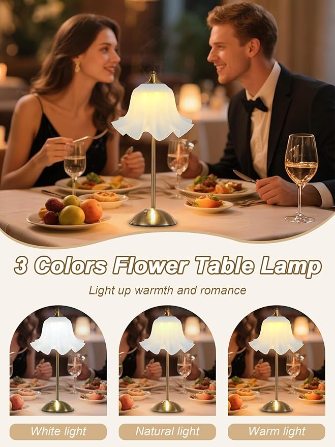 Cordless Table Lamp,Small Desk Lamp with 3 Color,Dimmable LED Reading Light,Touch Lamps for Nightstand,Vintage Flower Lamp for Bedroom Living Room Office Decor