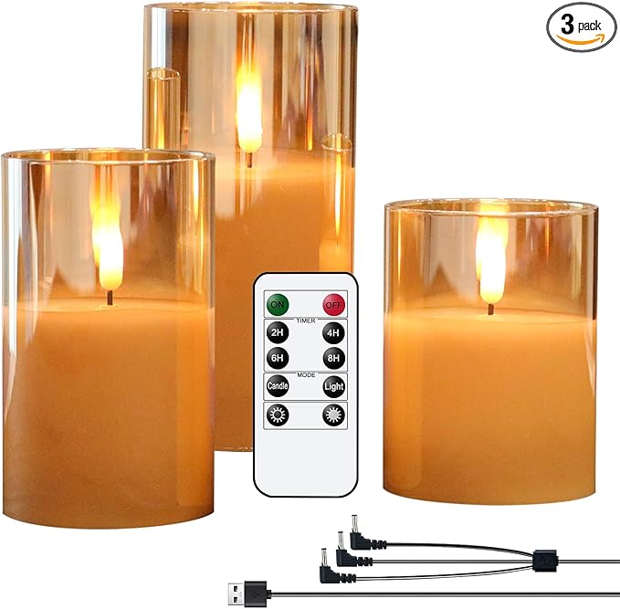Rechargeable Candles with Remote, Rechargeable Flameless Candles with Timer, LED Battery Operated Candle with 3D Wick and Charging Cable for Halloween Christmas Decor(Gold)