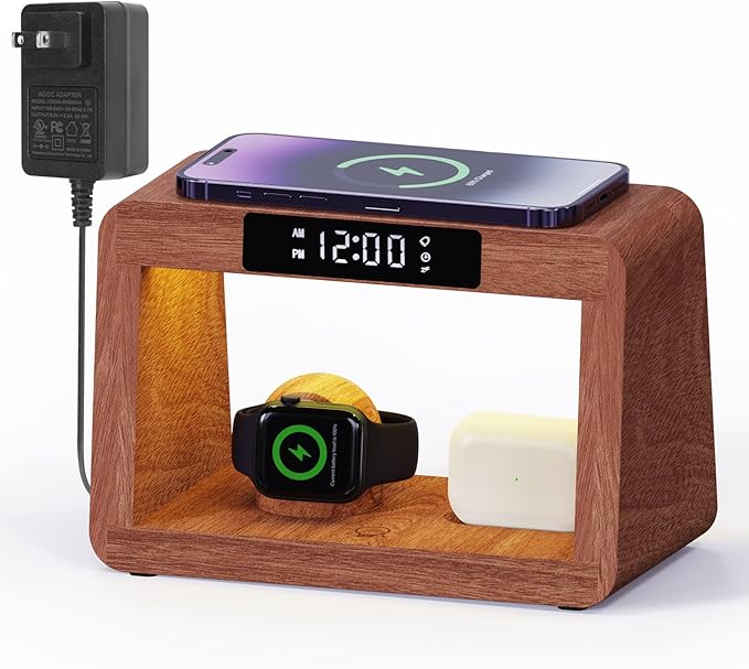 Wooden Bedside Table Lamp with Wireless Charging Station, LED Clock Display, 3 Night Light Modes, Bamboo