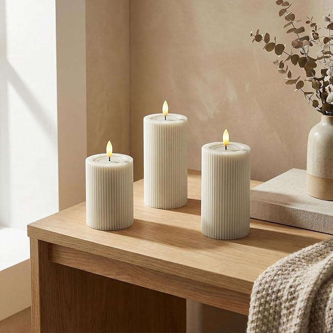 WYZworks Fluted Ribbed LED Pillar Candles, Cream Beige, with Realistic Reflective Melted-Wax Effect – Flickering Flame, Remote, Dimmable, Flameless, Battery Operated, Home & Wedding Decor (Set of 3)