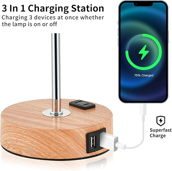 Flower Touch Table Lamp,3-Way Dimmable Bedside Lamps with USB Port and Outlet,Cute Lamp with Wood Grain Base,Vintage Lamp for Bedroom,Room Decor,flower1