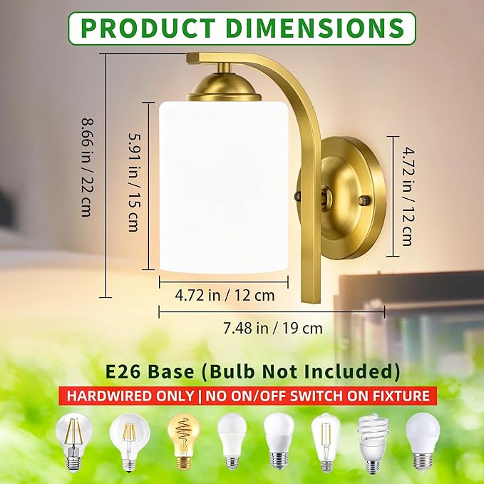 Wall Sconces Lights Lamp for Bedroom Bathroom, Modern Vanity Light Fixtures, Gold Farmhouse Wall Mount Lighting Lanterns with Glass Shade for Living Room Mirror Hallway Kitchen