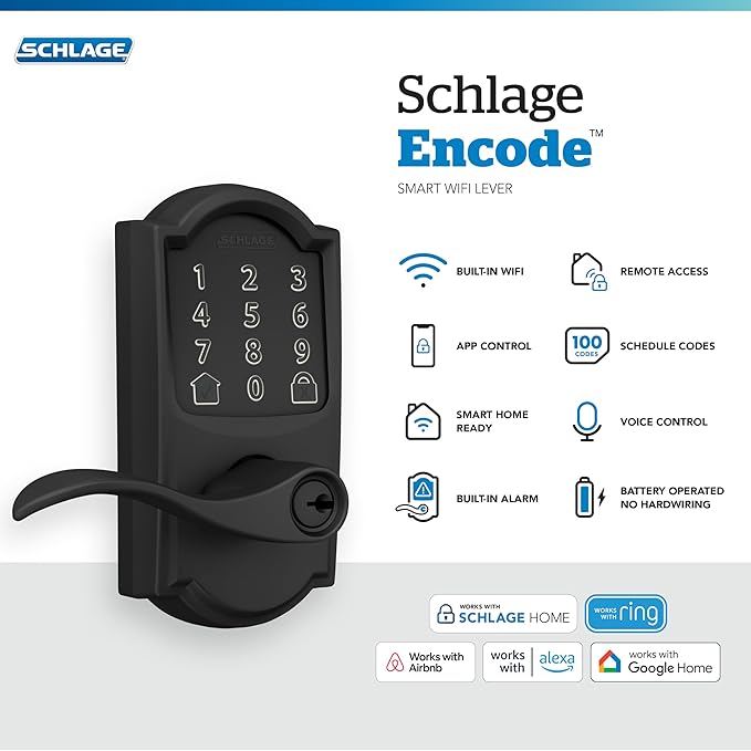 Schlage Encode Smart Wi-Fi Lock with Lever Handle, Touchscreen Keypad, Keyless Entry Door Lock, App Control, Alexa, Google Home and Airbnb Compatible, Matte Black, FE789WB CAM 622 Acc
