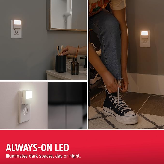 Energizer Always On LED Night Lights Plug into Wall Home Decor Apartment Essentials Ambient Lighting Nightlight White 81568 2 Pack