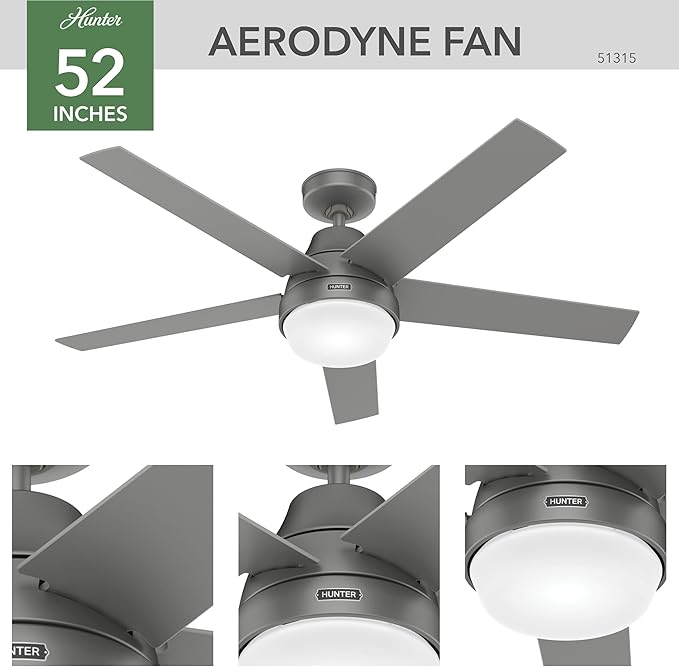 Hunter 52 inch Indoor Ceiling Fan with LED Light and Remote Control - Silver Modern Smart Ceiling Fan, Standard Mount, 5 Blades, For Bedroom, Living Room, or Kitchen - Aerodyne 51315, Matte Silver