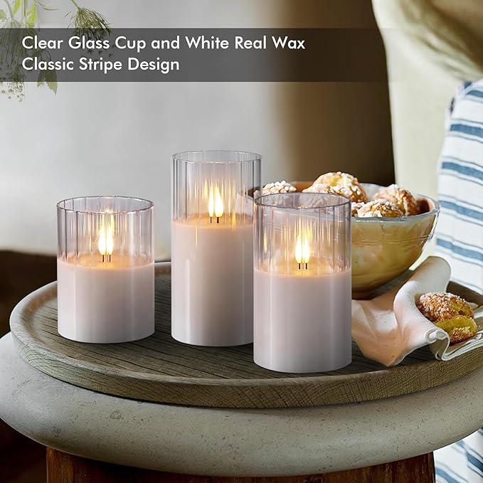Rhytsing Clear Ribbed Glass Battery Operated LED Candles with Remote, White Flameless Candle Gift Set with Timer for Weddings and Churches, Warm White Light- 6 Batteries Inclued - Set of 3
