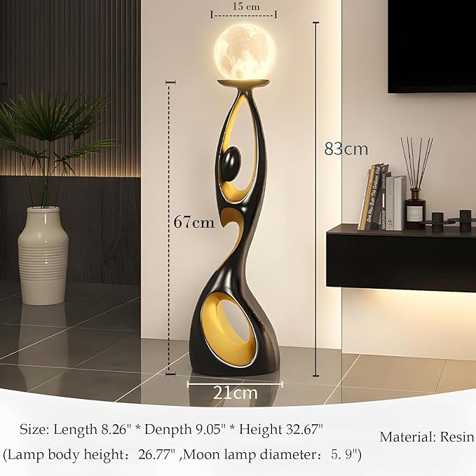 Bofea-Mid Century Modern Floor Lamp,Unique Corner Decorative Reading Standing Light,Rechargeable Moon Standing Lamp Or Resin Creative Stylish Decor Lamps for Living Room,Bed Room. (Black)