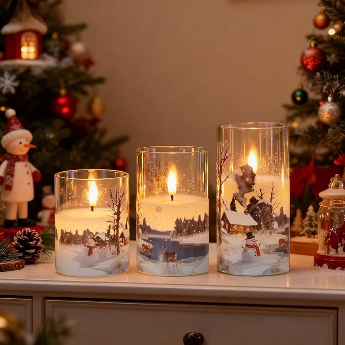 Wondise Chrismtas Snowman Glass Flameless Candles with Remote Timer, Battery Operated Real Wax 3D Wick LED Flickering Pillar Candles for Christmas Decoration Thanksgiving Holiday Gift