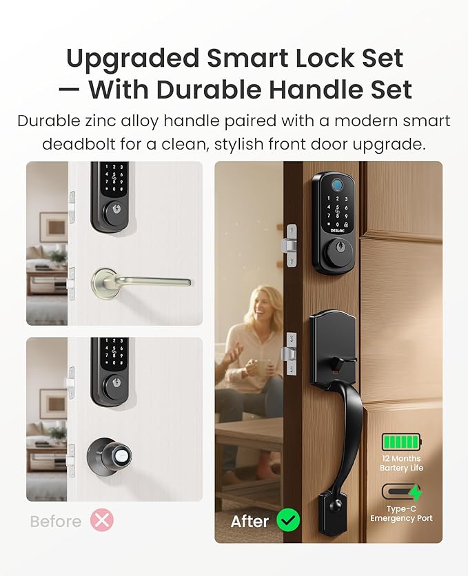 DESLOC B200 Keyless Entry Door Lock with Handle Set, Smart Locks for Front Door, Deadbolt Smart Lock, Front Door Locks Set, Electronic keypad Deadbolt with Handle, 12 Months Battery, IP54
