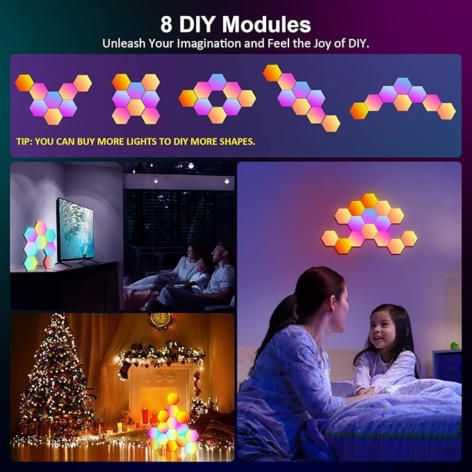 OJQ 8 Pack Hexagon Lights Wall RGB Panel - Hexagonal Led Lights Room Decor Wall Lights Gifts for Men/Women Honeycomb Shape Panels Hexagon Gaming Led Lights for Bedroom Children