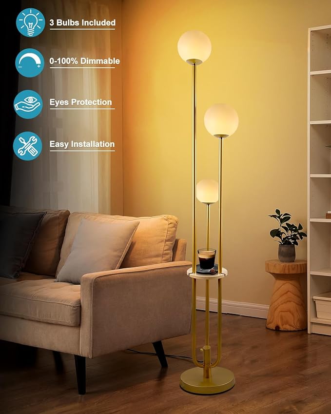 Lightdot LED Floor Lamp Dimmable Gold Globe Floor Lamps with Shelf& Bulb Included Mid Century Modern Standing Lamp for Bedroom Living Room/Sofa Beside/Corner Decor -Candle Holder Style Soft Eye-Caring