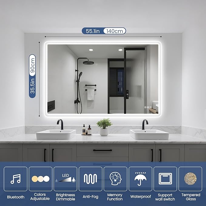 STARLEAD 55"x36" LED Bathroom Mirror with Bluetooth Speaker, 3 Color Temperature, Stepless Dimming, Anti-Fog, Touch Control, Wall-Mounted Vanity Mirror, Vertical or Horizontal