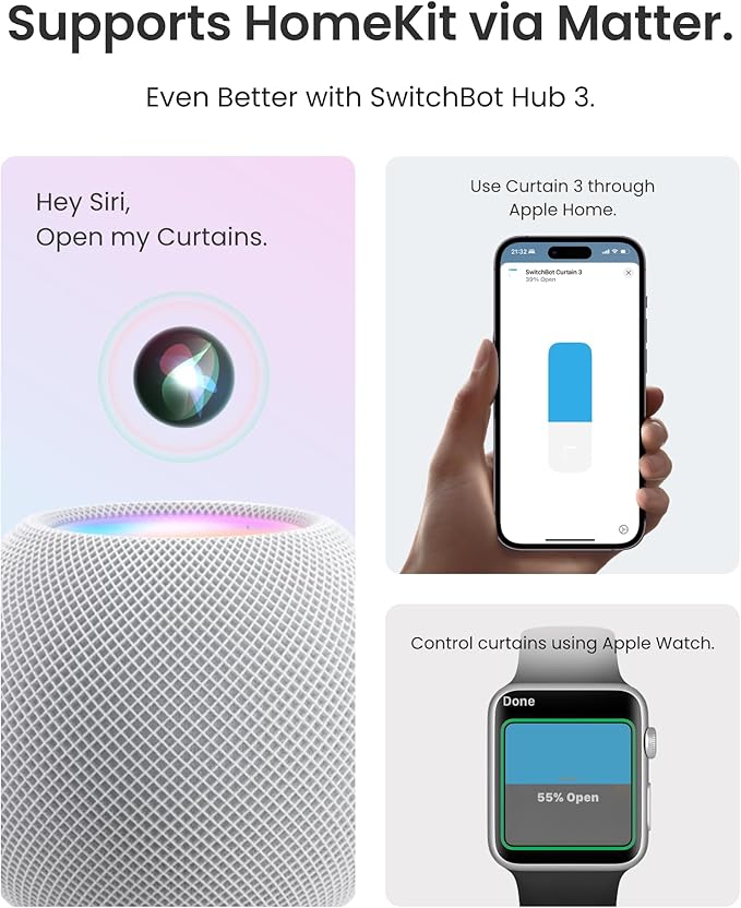 SwitchBot 2025 Automatic Curtain Opener 3 Rod- with Remote, WiFi&Smartphone Control, Upgraded High-Performance, Add Hub to Compatible with Alexa, Google Home, HomeKit (2025 Curtain Opener)