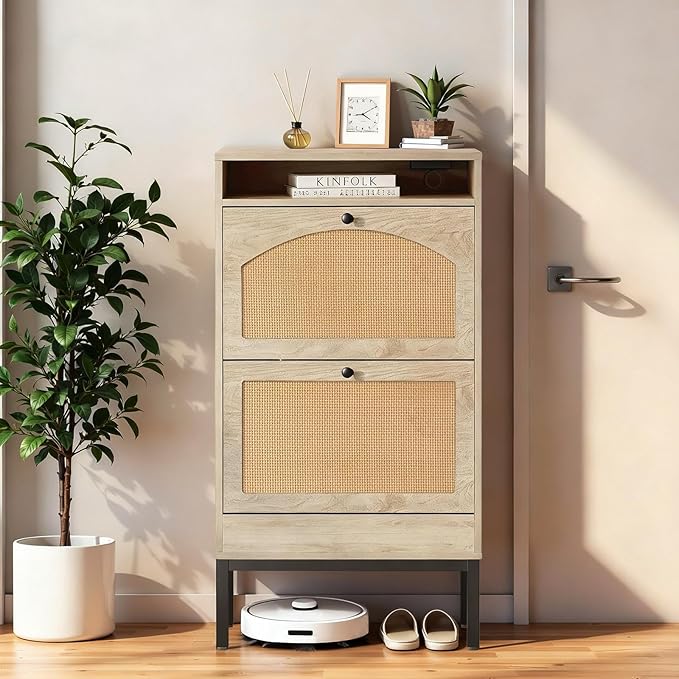 COMHOMA Shoe Cabinet with Charging Station, Flip Down Shoe Storage Organizer with Adjustable Shelves, Hidden Slim Shoe Rack with Anti-Tip Kit for Entryway or Hallway (Oak Rattan)