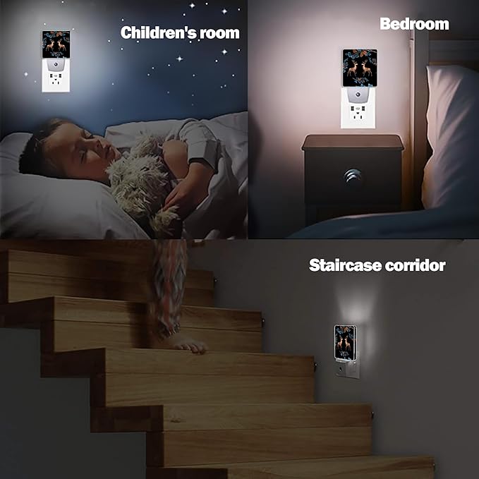 Retro Deers Night Light, Pine Branches Night Lights Plug into Wall Decor for Bedroom, Bathroom, Hallway, Kitchen, Dusk to Dawn Sensor Nightlights for Girls Women Room Gifts