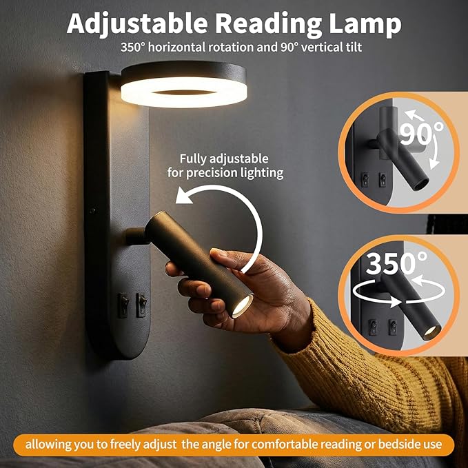 Wall Mounted Reading Lights for Bedroom - Independent Switch, 350° Adjustable Bedside Lamps Set of 2, Hardwired Installation LED Wall Sconces for Living Room, Study Room