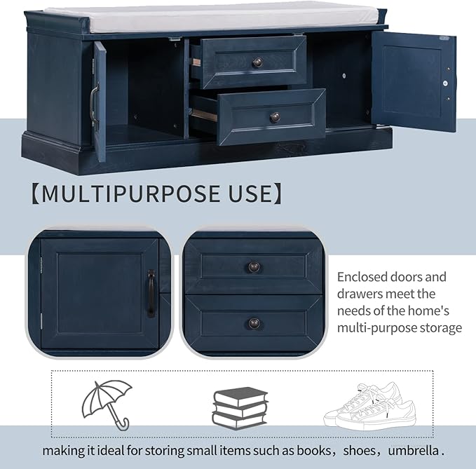 Entryway Storage Bench with Drawers & Cabinets — Cushioned Shoe Storage Bench for Hallway, Mudroom, or Living Room, Solid Wood Frame (Antique Navy)