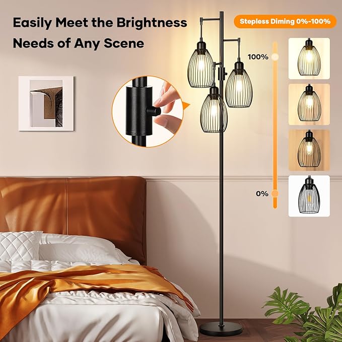 Dimmable Floor Lamp, 3 x 800LM LED Edison Bulbs Included, Farmhouse Industrial Floor Lamp Standing Tree Lamp with Elegant Teardrop Cage Tall Lamps for Living Room Bedroom Office Dining Room-Black