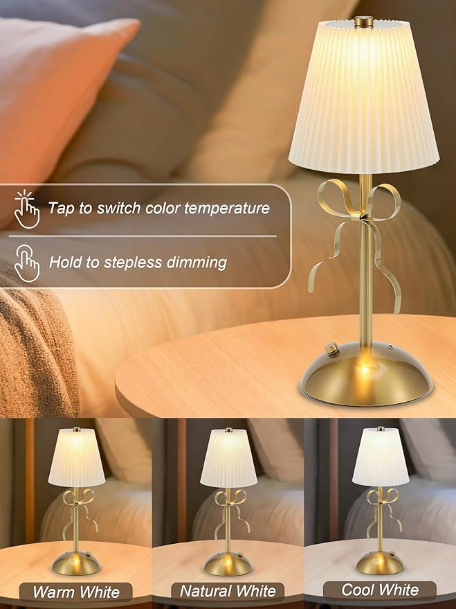 Cordless Table Lamp,Small Desk Lamp with 3 Color,Touch Dimmable Bedsdie Lamps,Bow Lamp with Fabric Shade,LED Night Light for Girls Room Princess Room Decor(Gold)
