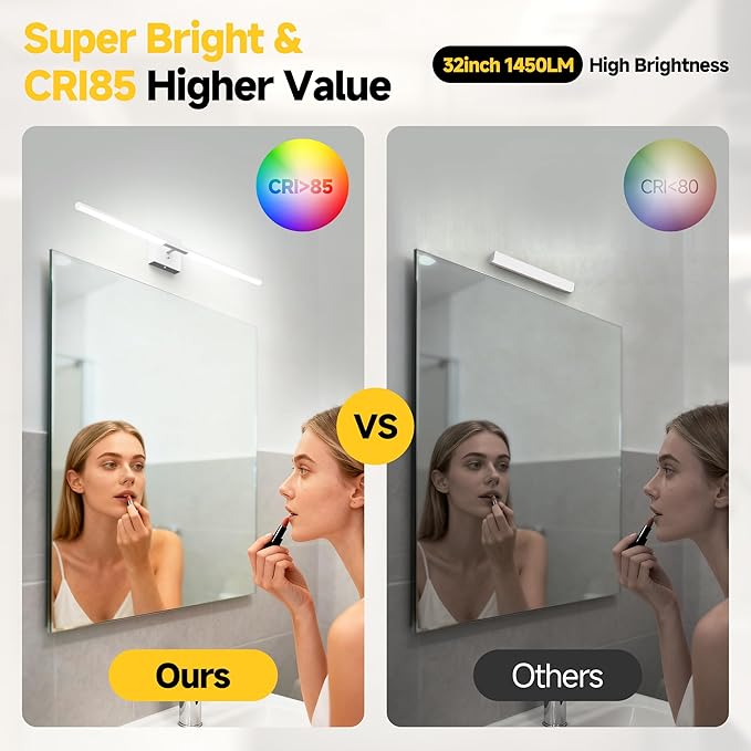 Vanity Lights 32 inch, 4-Level Brightness Built-in Dimmer, 18.5W Dimmable 5CCT Bathroom Light Fixtures Over Mirror, Baked Matte Grey Vanity Lights for Bathroom Mirror Bedroom-FCC & ETL