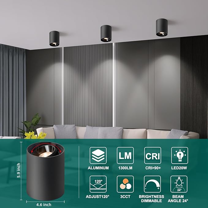 OKELI Black Modern LED Dimmable Ceiling Light Fixtures for Hallway Kitchen Entryway, 20W 1300LM 2700K-6000K Flush Mount Close to Ceiling Lighting, Cylinder Ceiling Lamps for Living Room 1pack