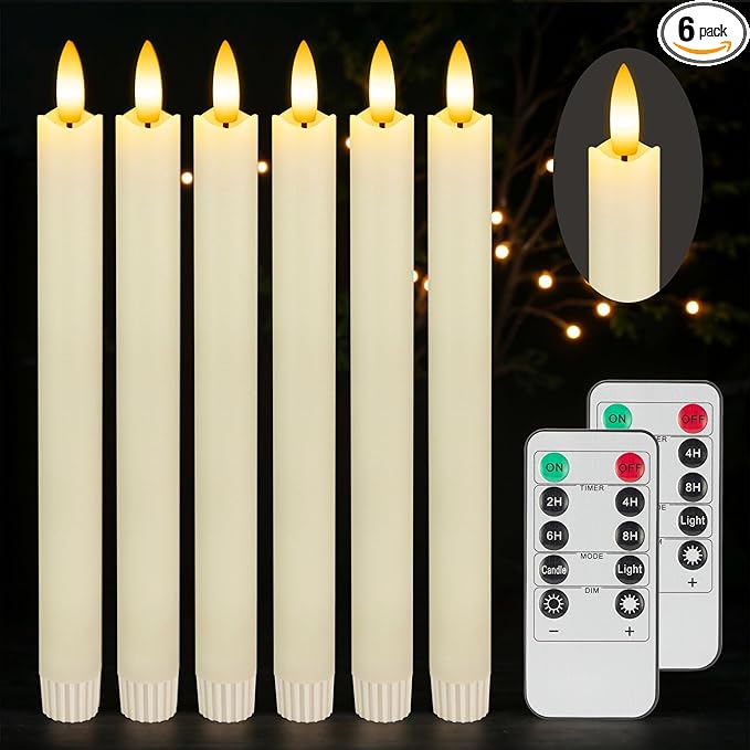 Flameless Taper Candles with Remote, 6Pack Real Wax Battery Operated Taper Candles Flickering Flame, Warm Light Electric Fake LED Candles for Wedding & Mother's Day-Ivory