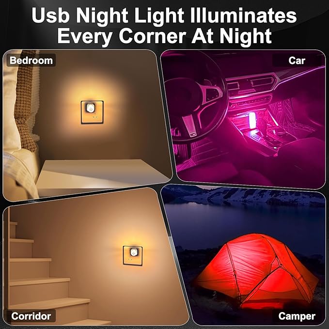 2 PCS Car USB Night Light Bulb, Touch Dimmable Car Interior Ambient Lights, Portable Mini USB Retro Glass Bottle Lamp Decorations for Vehicle, Bedroom, Hallway, Camping (Purple)