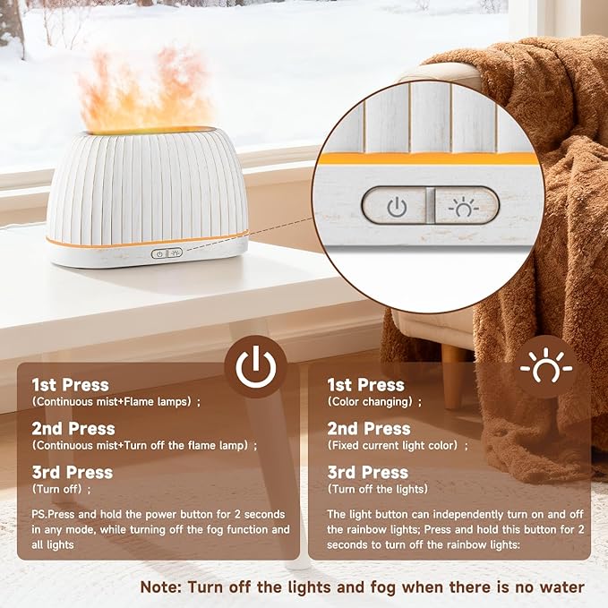 Essential Oil Diffuser, Flame Effect Aromatherapy Diffuser with 7-Color LED Lights & Auto Shut-Off, Ultrasonic Diffusers for Home, 120ml Samll Scent Diffuser for Essential Oils - White