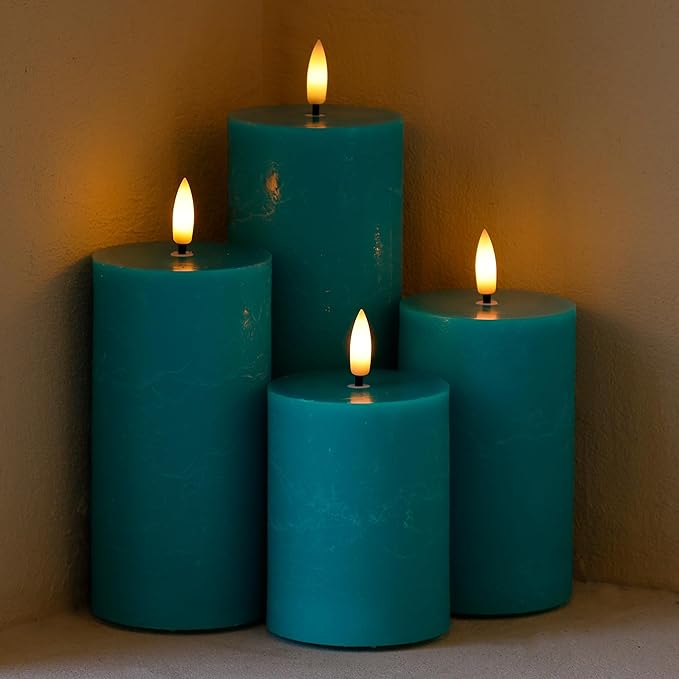 Teal Flameless Pillar Candles, Battery Operated Candles with Remote, Real Wax Flickering LED Candles for Home Party Wedding Holiday Decor, Set of 4, Φ 3" H 4" 5" 6" 8"