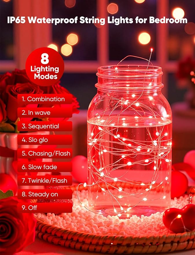 Minetom 12 Pack Red Christmas Lights, 7ft 20 LED Fairy Lights Battery Operated String Lights, Valentines Day Decorations, 8 Modes Waterproof Silver Wire Twinkle Lights, Valentine's Day Lights