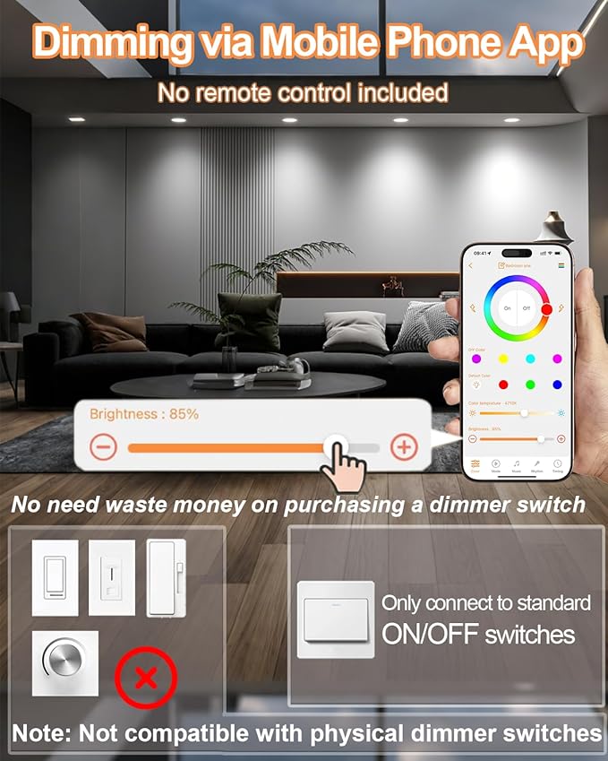 LED Recessed Lighting 5/6 inch, Bluetooth Smart Can Lights, 13W 1050LM, RGB Color Changing, Retrofit Recessed Light Fixtures Compatible with Alexa for Bedroom, Living Room, and Kitchen, 12Pack