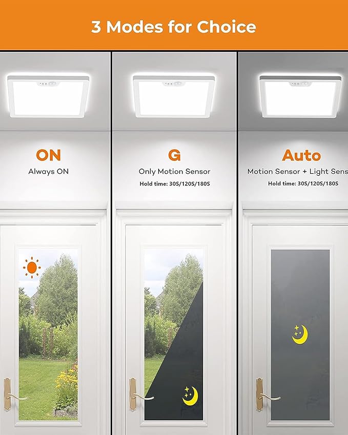 12in Motion Sensor Ceiling Light Wired, 3000K 4000K 5000K Selectable, 24W Flush Mount Square Motion Ceiling Light with 3 Timer for Closet Porch Stairs Hallway, White