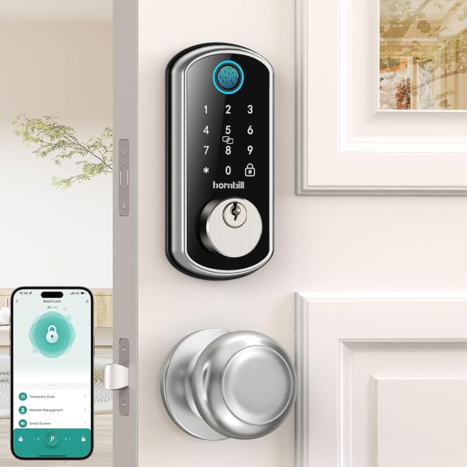 WiFi Smart Door Lock：Hornbill keyless Entry Door Lock with Handle,Fingerprint Smart Lock with 2 Knobs, Alexa Bluetooth Remote APP Control,Auto Locking for Home Hotel,Satin Nickel