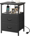 Fixwal Black Night Stand with Charger Station, Nightstand with Charging Station & Fabric Drawers