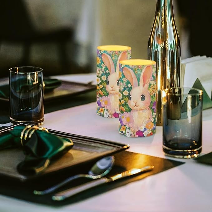 Flameless Candles LED Easter Rabbit Daisy Decorative Candles Battery Operated Ornage Flickering Candles with 18-Key Remote Timer Pillar for Home Living Room Party Table Decorations Green
