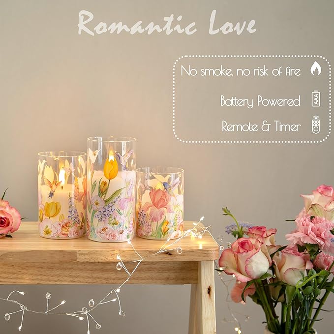 Flameless Candles with Remote, Battery Operated Glass Candles Hummingbird Flickering LED Electric Pillar Candles Real Wax Floral Christmas Decor Set of 3
