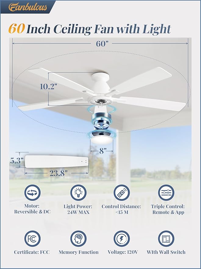 Fanbulous 60 inch Ceiling Fans with Lights, Smart Flush Mount Ceiling Fan and Remote APP, Modern Low Profile, 3CCT 20W LED with 6-Speeds Quiet Reversible Motor for Bedroom, Living Room, Kitchen, White