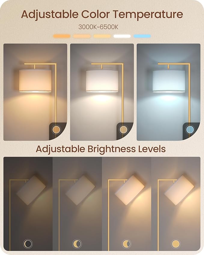 Gold Dimmable Floor Lamp, Modern Arc Lamp with Remote, Standing Corner Light with Lampshade, Tall Reading Lighting for Bedroom, Living Room, Office, Den, White, LED Bulb Included, DW11LD05