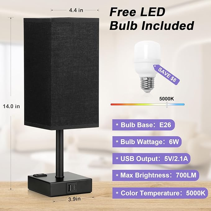 aooshine Black Lamp for Bedroom-Touch Lamp with USB-C+A and AC Outlets,3 Way Bedside Nightstand Square Table Lamp for Kids, Guest Room Living Rroom,Office, 800 Lumens 5000K Daylight Bulbs Included