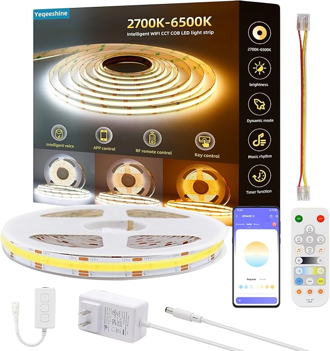 COB LED Strip Lights, 16.4ft DC 12V Tunable White 2700K- 6500K COB LED Strip Light Work with Alexa Google, RF Remote and App Control Sync Music LED Strip for Living Room, Shelf, Cabinet