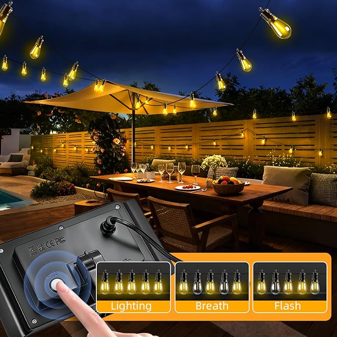 Solar Lights Outdoor Patio Lights: S14 15M 50FT Solar Powered Remote Control 3 Light Modes Dimmable Solar Waterproof Light - Shatterproof Bulbs - Camping Backyard Garden Deck Outside Yard