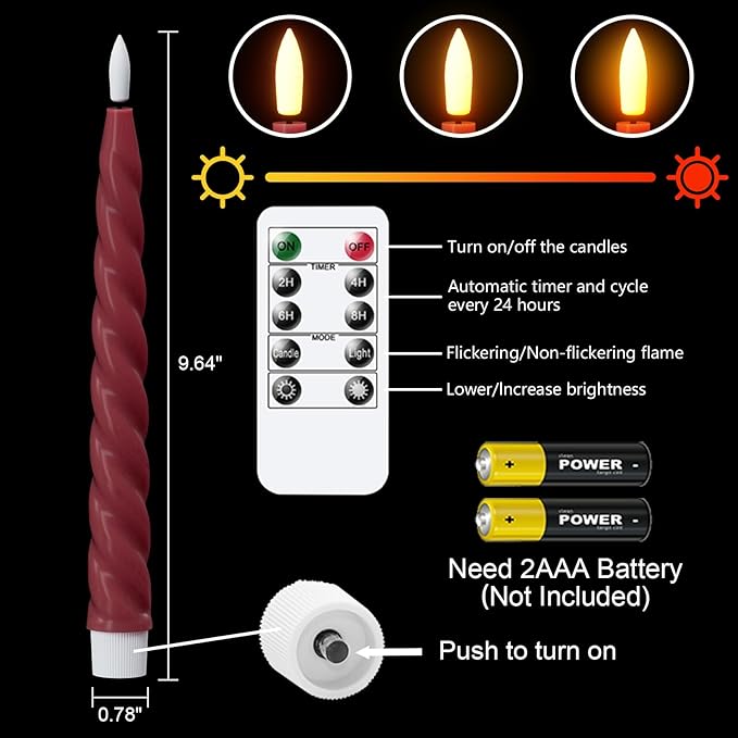 Wondise Flameless Taper Candles with Remote Timer, Real Waxy Red Battery Operated Candlesticks 3D Wick LED Candles for Halloween Christmas Holiday Wedding Decoration (2 Pack, Red