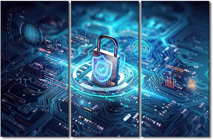 TUMOVO Wall Pictures for Living Room 3 Panels Modern Wall Art Motherboard Closeup and Safety Lock with Login and Connecting Verified Credentials Poster for Home Wall Decorations, 42" Wx28 H