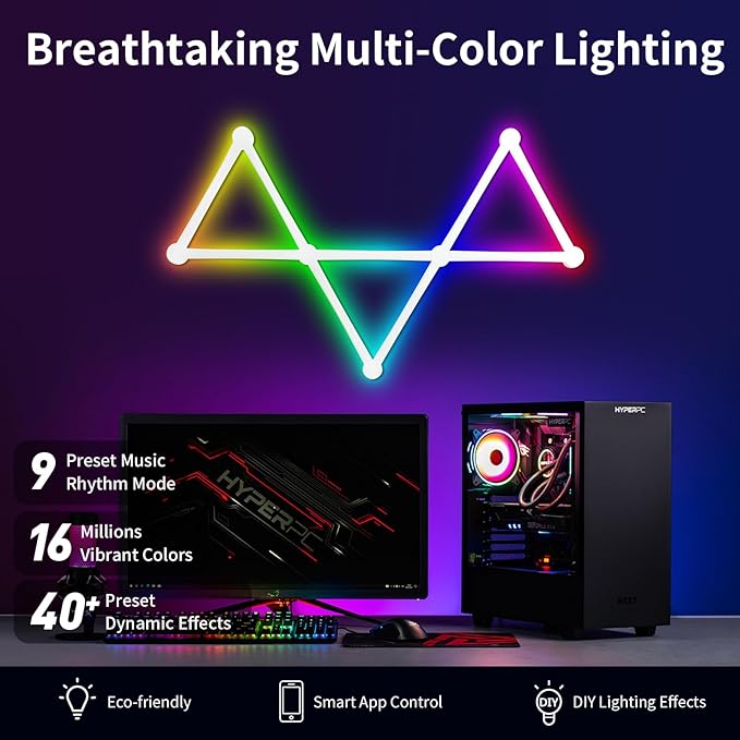 Smart WiFi LED Wall Lights, 16M+ Color Dimmable Gaming Light Works with Alexa and Google Assistant, Music Sync, DIY and Timer Feature, RGB Light Bars for Gaming Room, Bedroom (9 Pcs,White)