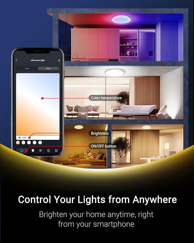 1-Pack, 16 inch Smart LED Music Ceiling Light with Bluetooth Speaker, Compatible with Alexa & Google Home, Color Changing RGB Dimmable Light for Living Room, Bedroom, Kitchen